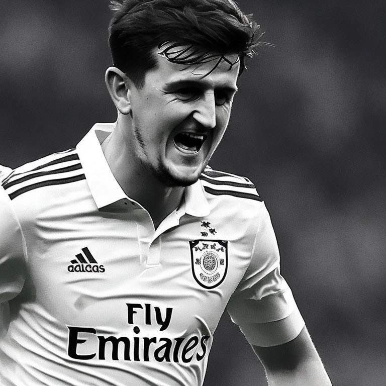 Monochrome image of a young male soccer player in a striped jersey with sponsorship logos