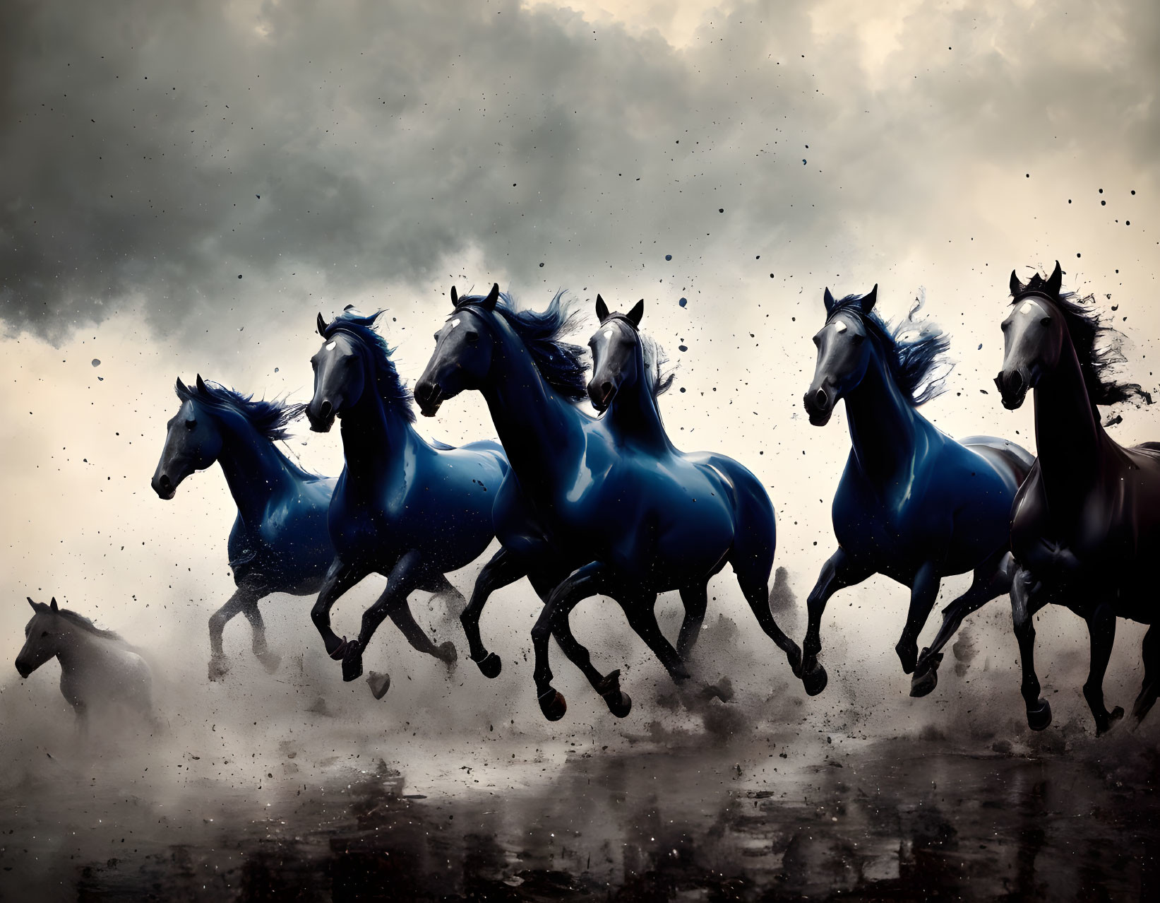 Majestic blue horses galloping in stormy sky