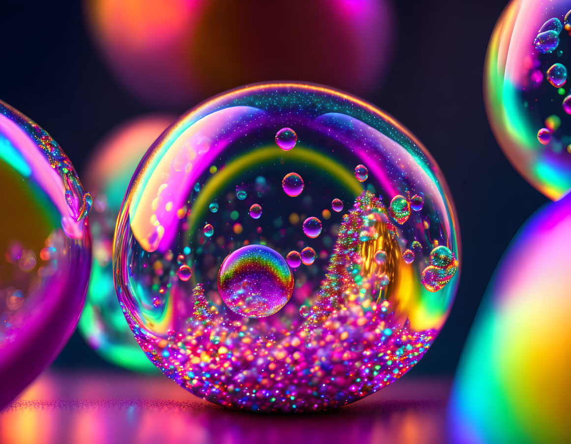 Colorful soap bubbles with rainbow hues and swirling patterns on dark backdrop