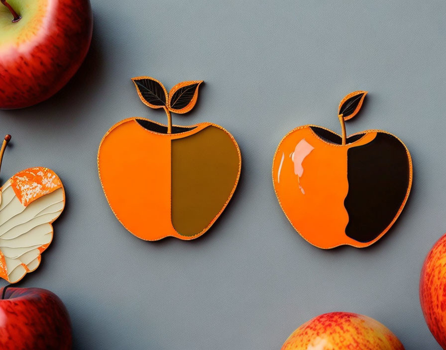 Stylized apple-shaped designs with human profile on grey background surrounded by real apples