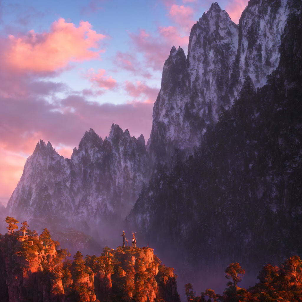 Two Figures on Cliff with Towering Mountains at Sunset