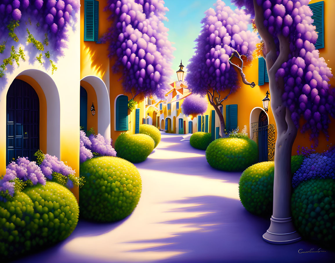 Colorful street scene with purple trees, yellow buildings, and ornate street lamps