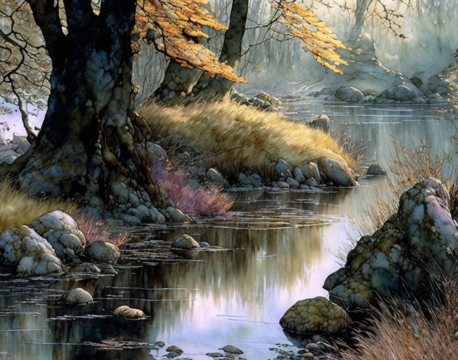 Tranquil autumn landscape: golden trees, calm river, scattered rocks.