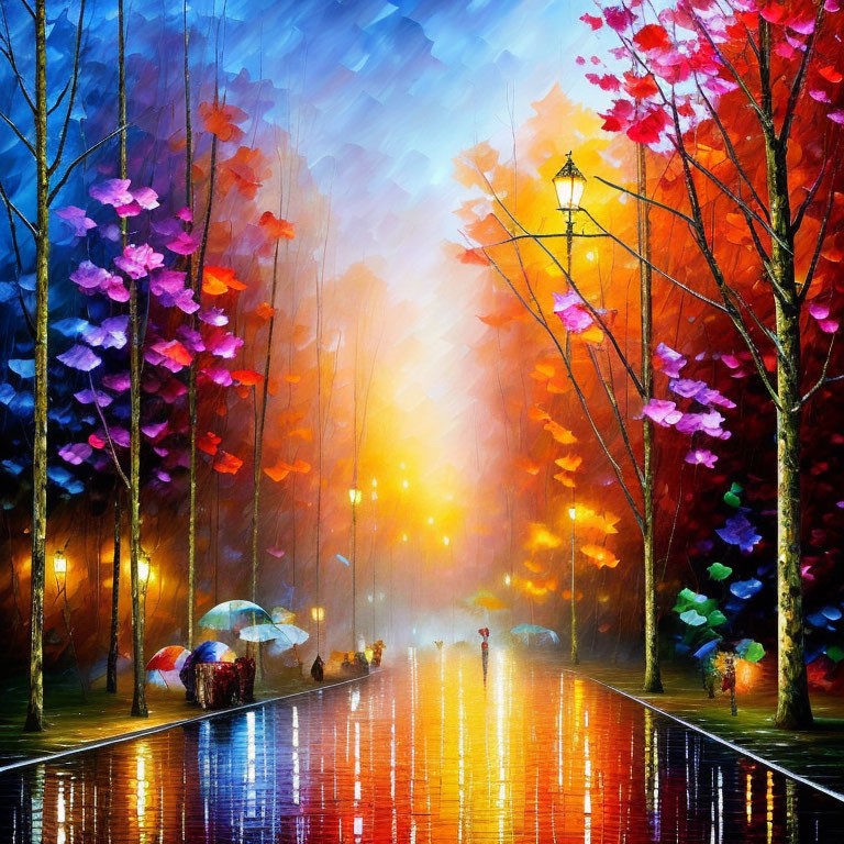 Colorful Impressionistic Rainy Street Painting with People and Umbrellas