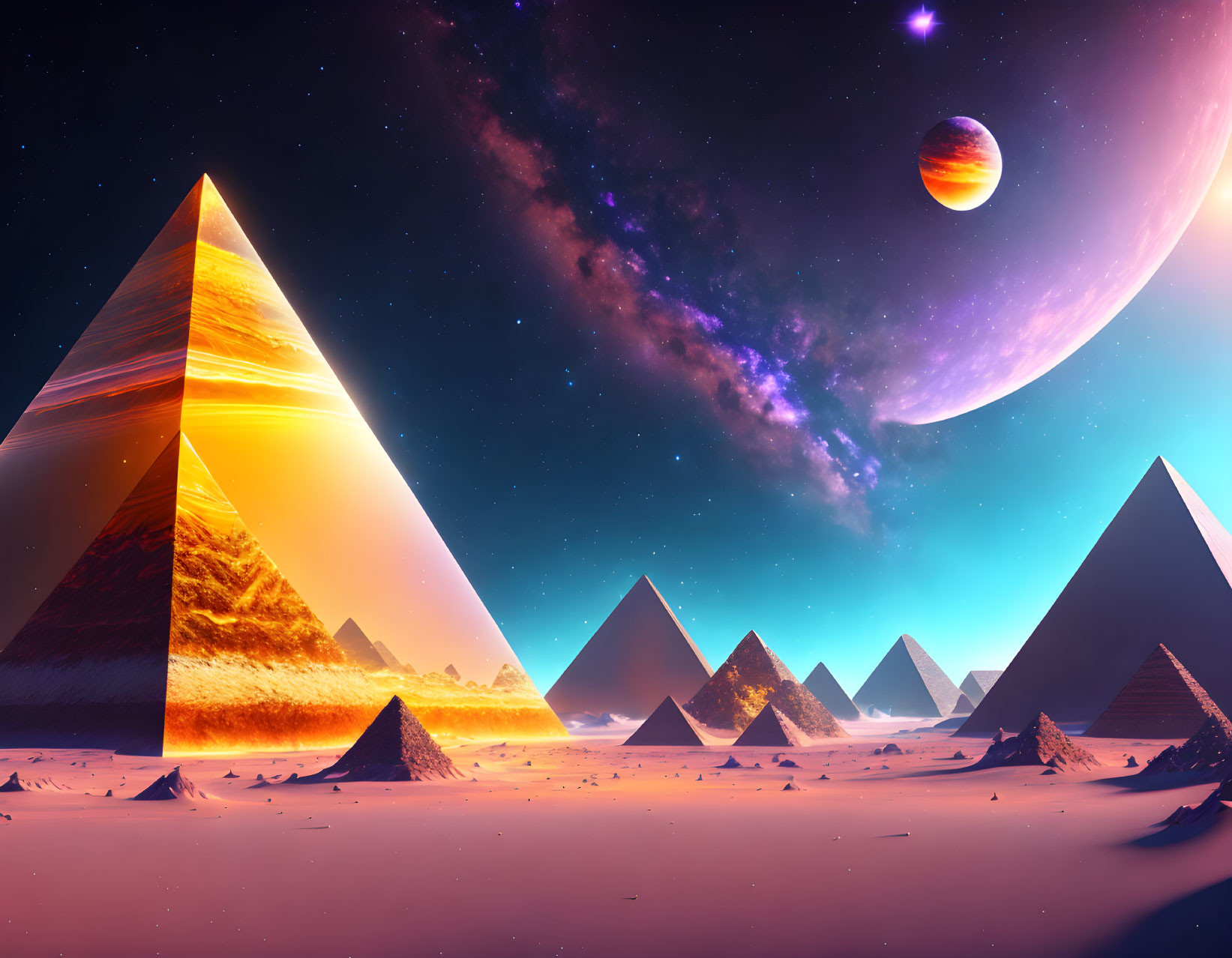 Fantastical landscape with pyramids under starry sky and sci-fi twist