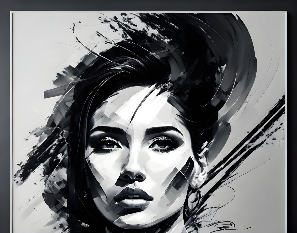 Dynamic monochrome digital artwork of a woman with abstract brush strokes emphasizing her intense gaze.