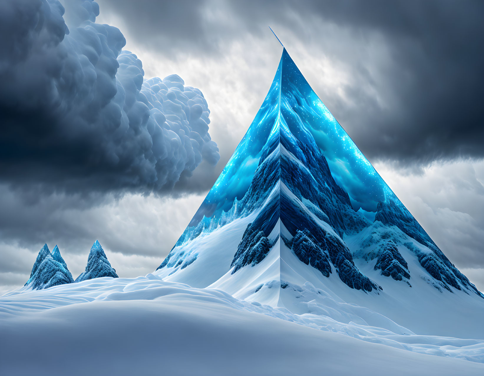 Surreal icy landscape with sharp blue mountain peak