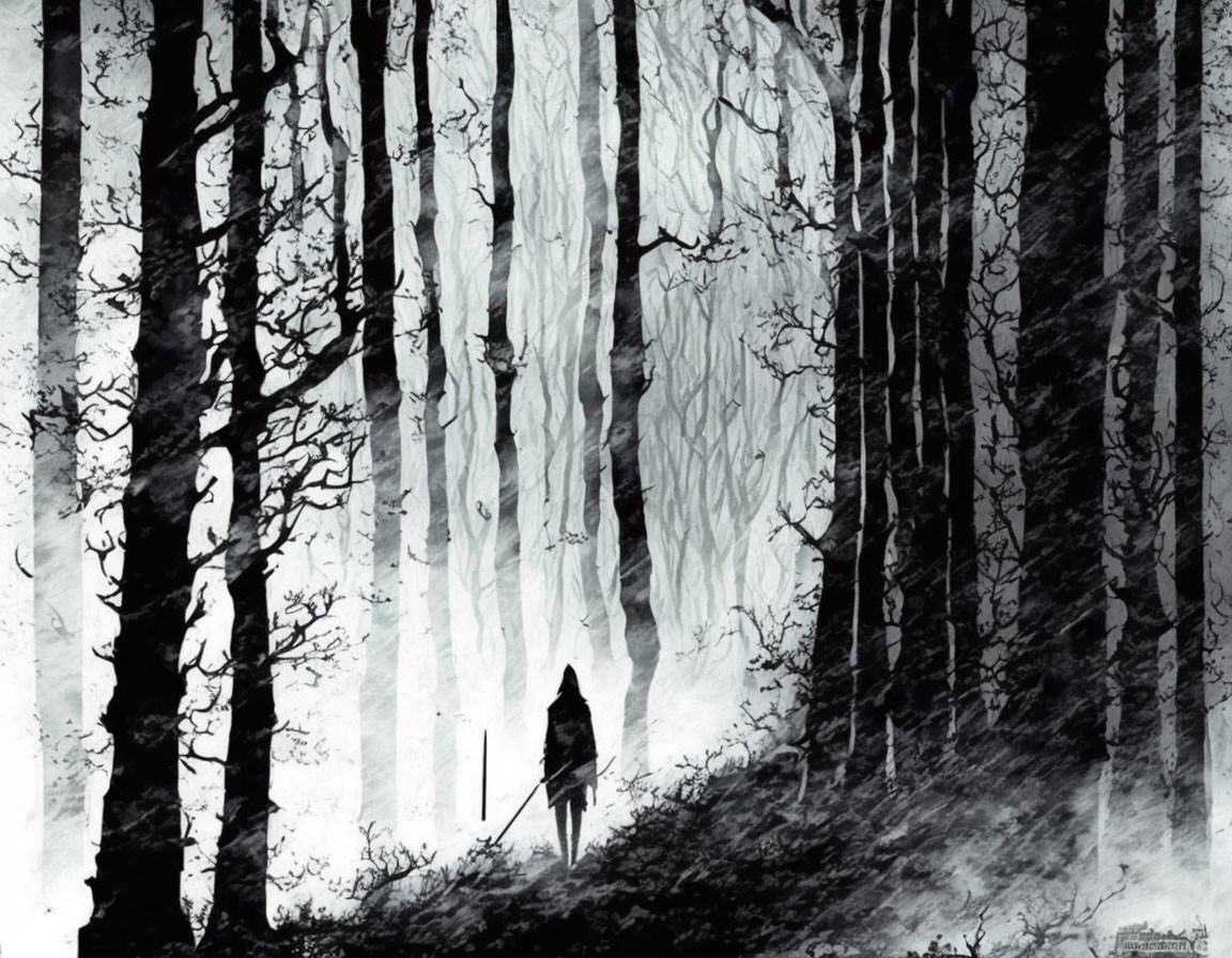 Misty monochrome forest with lone figure