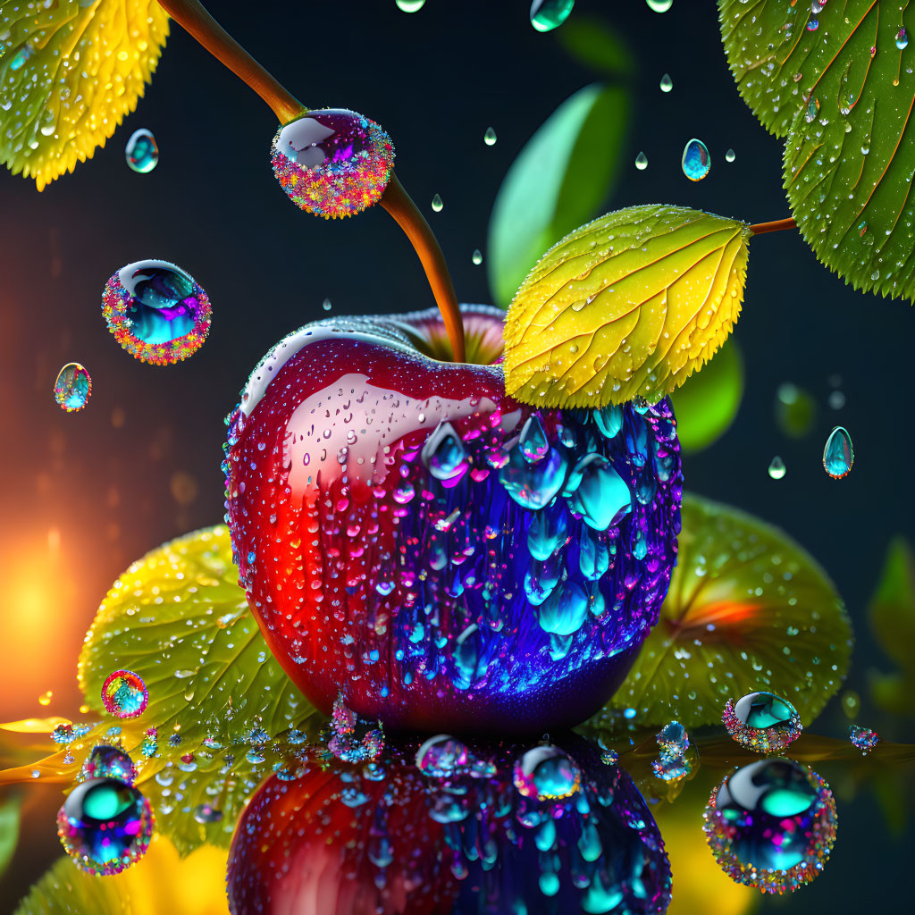 Vibrant apple with dew drops, bubbles, and green leaves on dark background