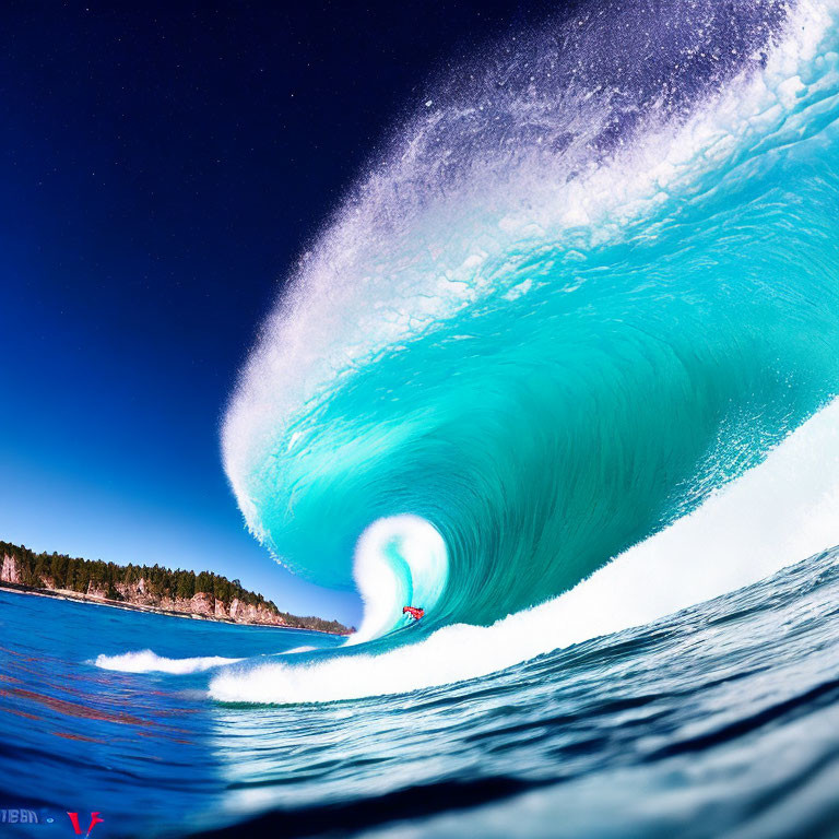 Surfer Riding Towering Blue Wave with Clear Sky Background