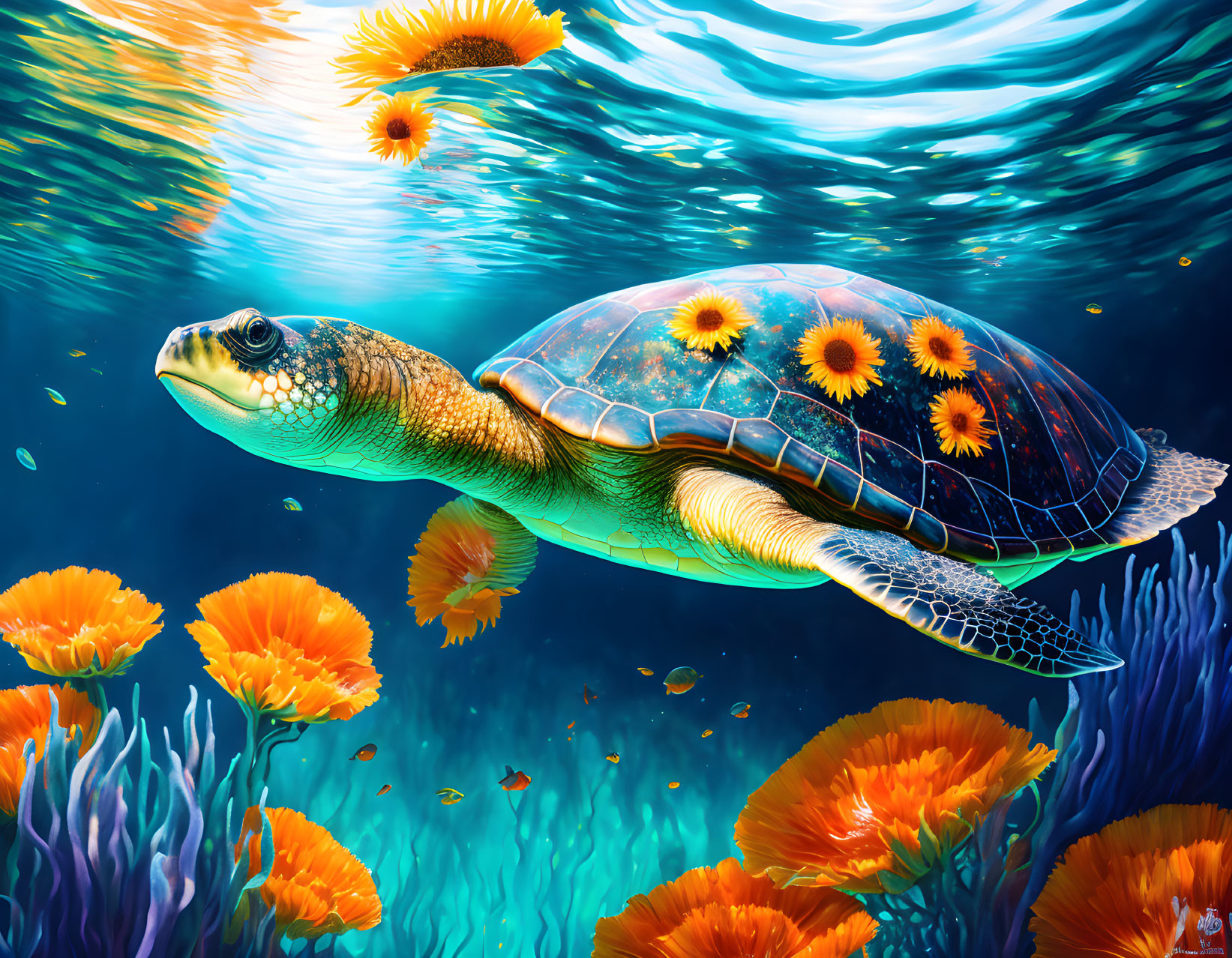 Vibrant sea turtle with sunflower shell in coral reef scene