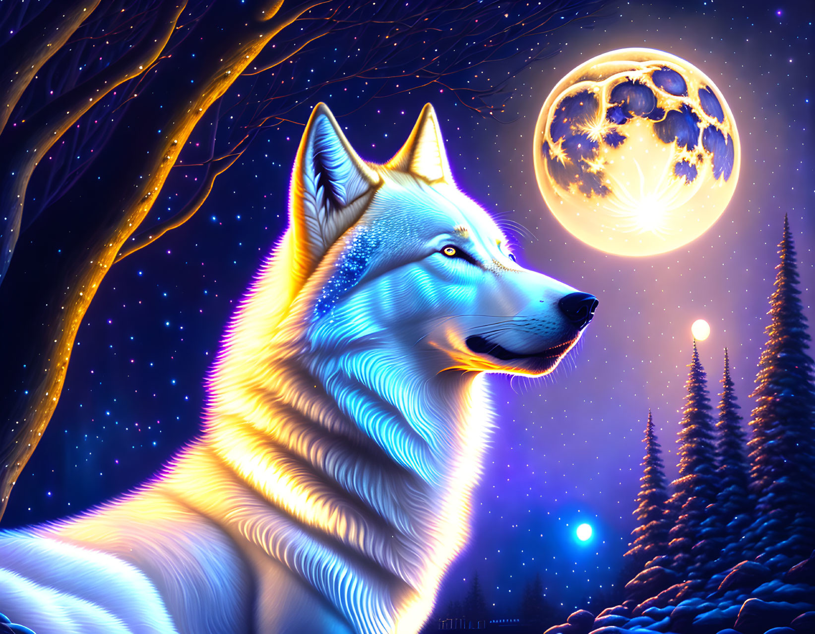 White wolf under starry night sky with full moon and pine trees