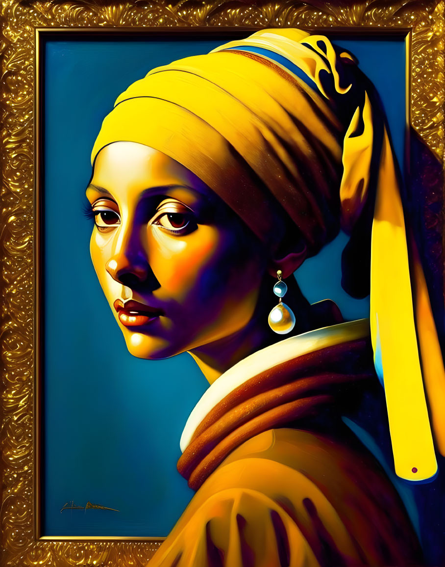 Vivid painting of woman in yellow headwrap with large pearl earring