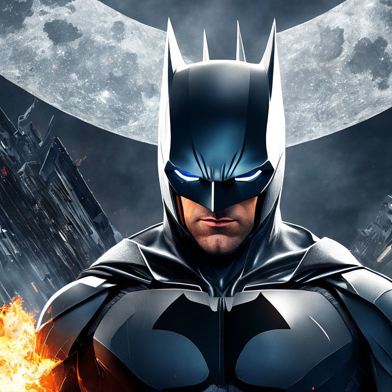 Detailed close-up of Batman in costume with bat signal and fiery explosion.