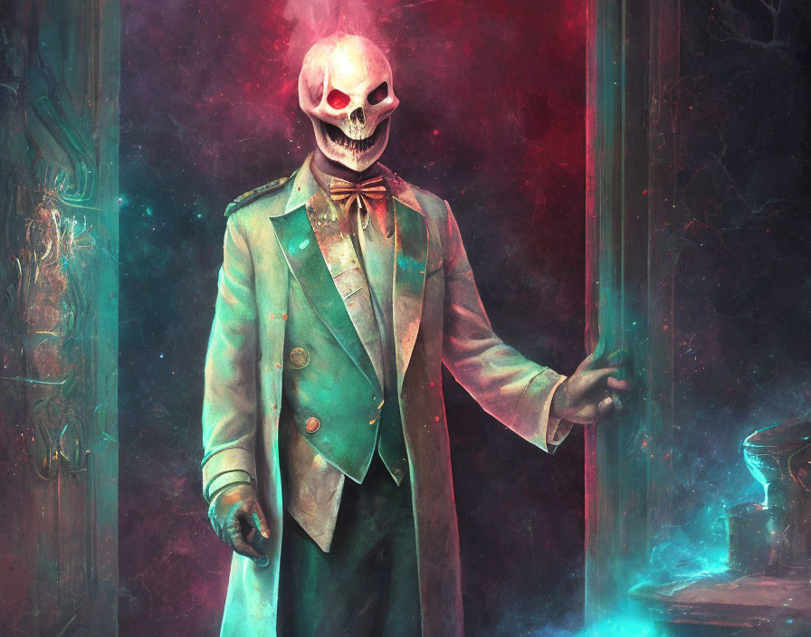 Skull-headed figure in green suit with bow tie by eerie, neon-lit door