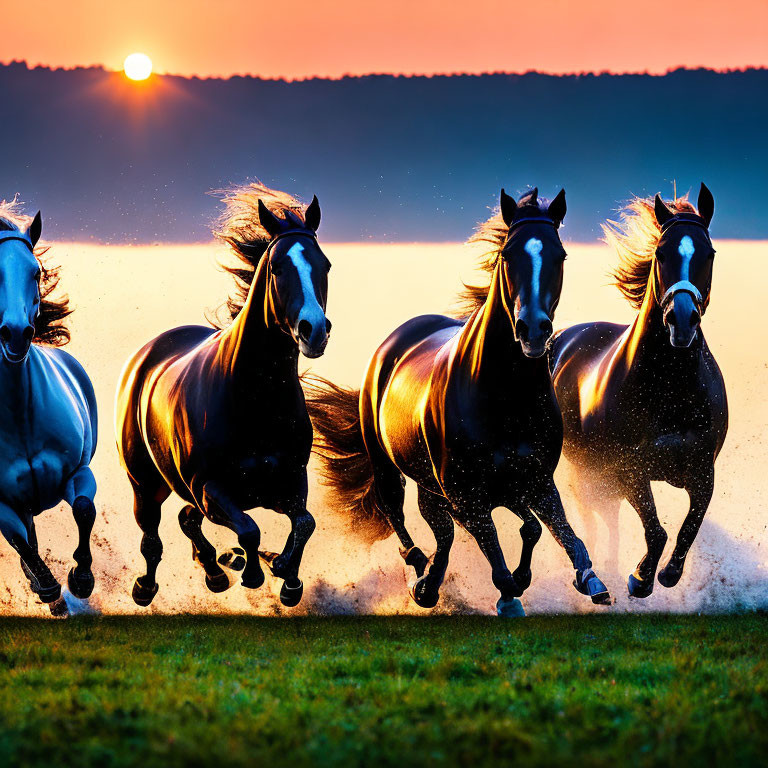 Four powerful horses galloping across a field at sunset