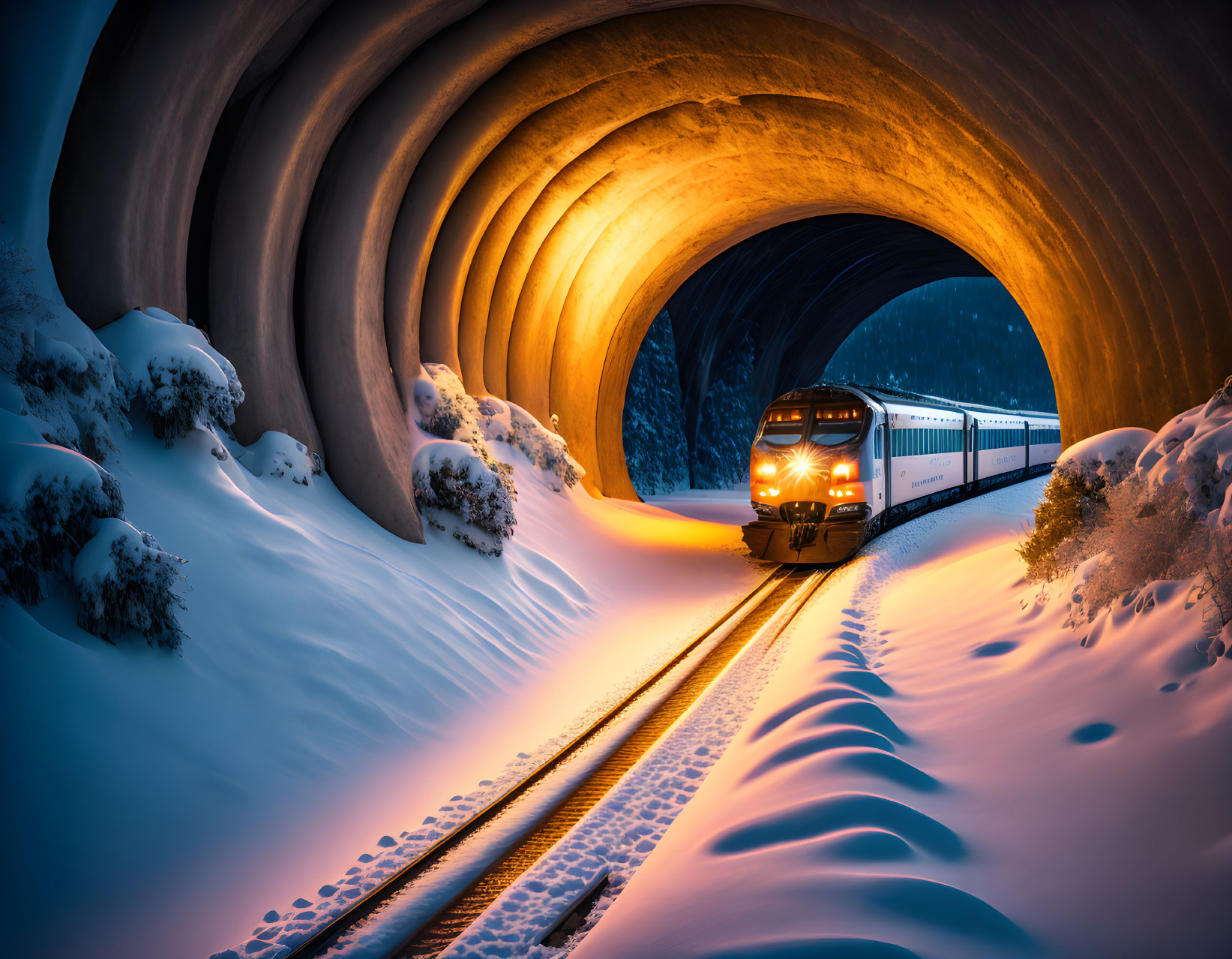 Snow-lined tunnel: Train emerges into wintry twilight with golden light on icy landscape