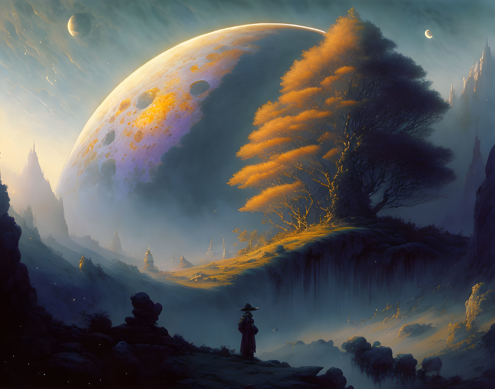 Person on cliff with mystical landscape and giant planet in sky.