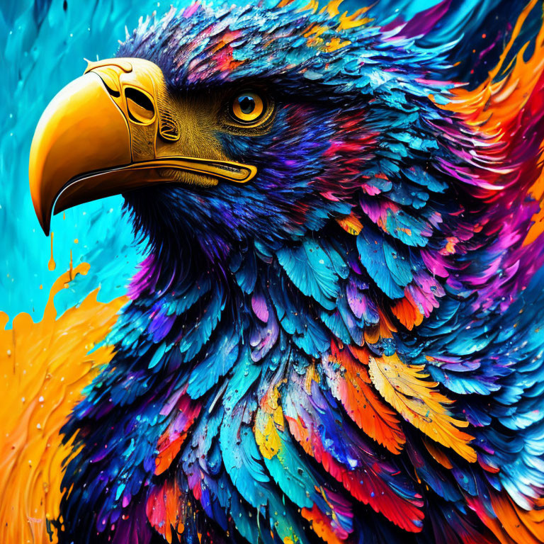 Colorful Eagle Artwork with Golden Beak on Paint-Splattered Background