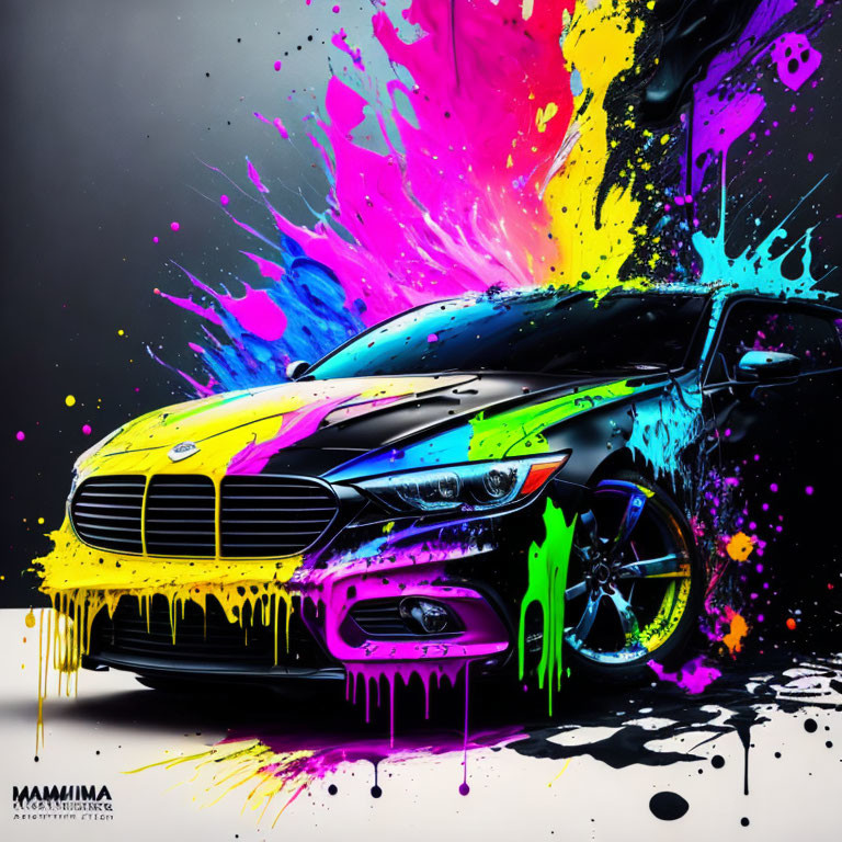 Black car splashed with vibrant multicolored paint on dark background