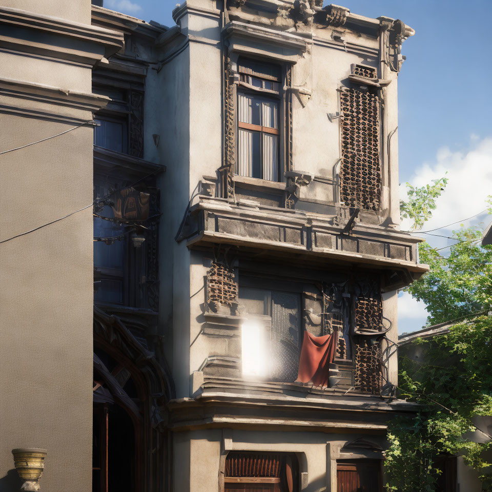 Historic building corner with decorative facades and intricate balconies.