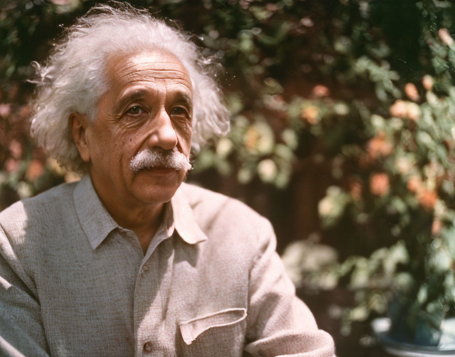 Elderly Person with White Hair and Mustache in Light Suit Sitting in Front of Green Foli