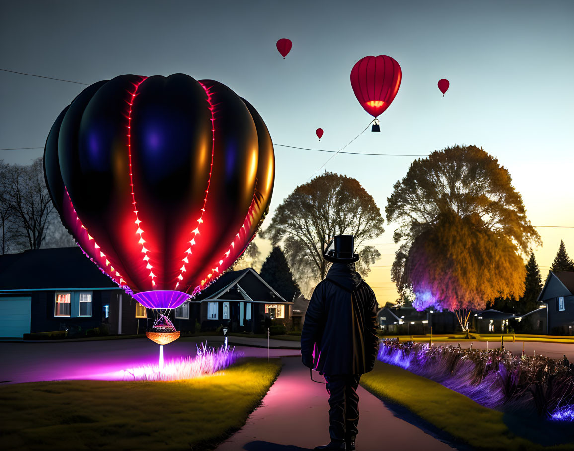 Top-hat person gazes at glowing hot air balloons in residential area.