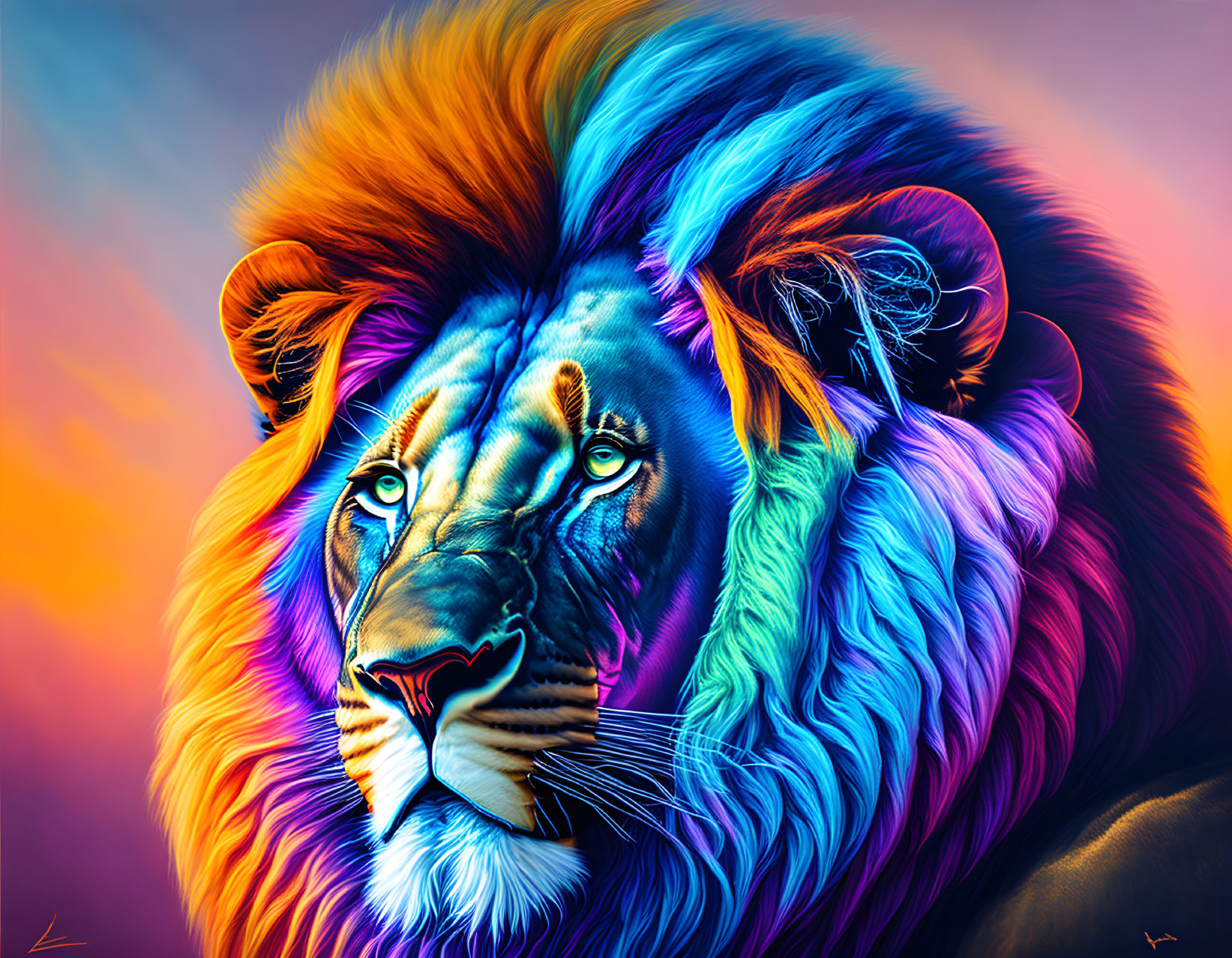 Colorful Lion Artwork: Blue, Purple, and Orange Mane on Gradient Background