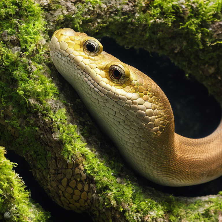 Detailed Close-Up of Snake in Moss-Covered Tree Hollow