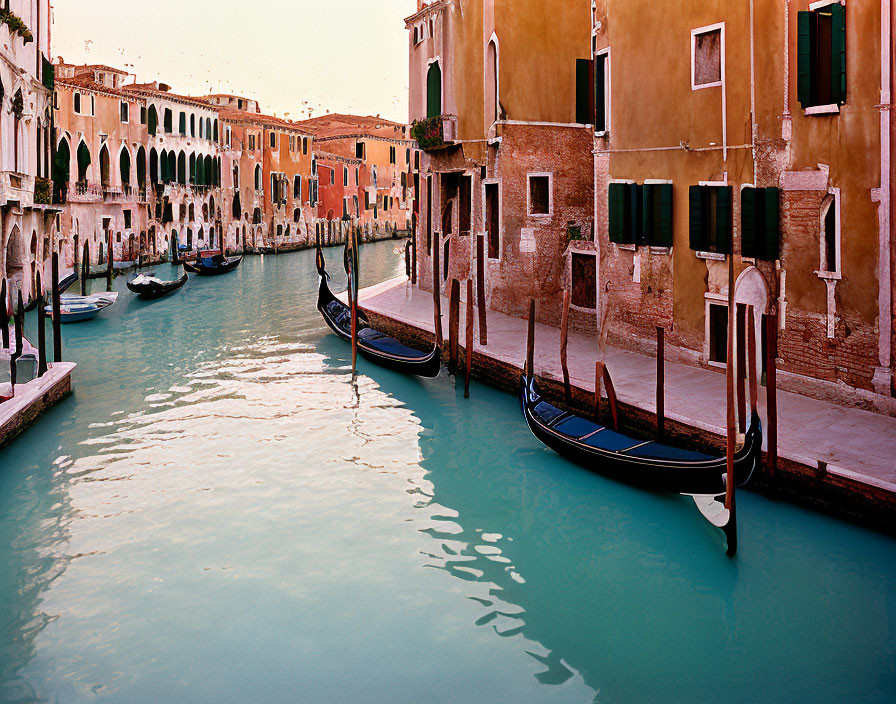 Venice Canal with Gondolas and Historical Buildings Under Clear Blue Skies