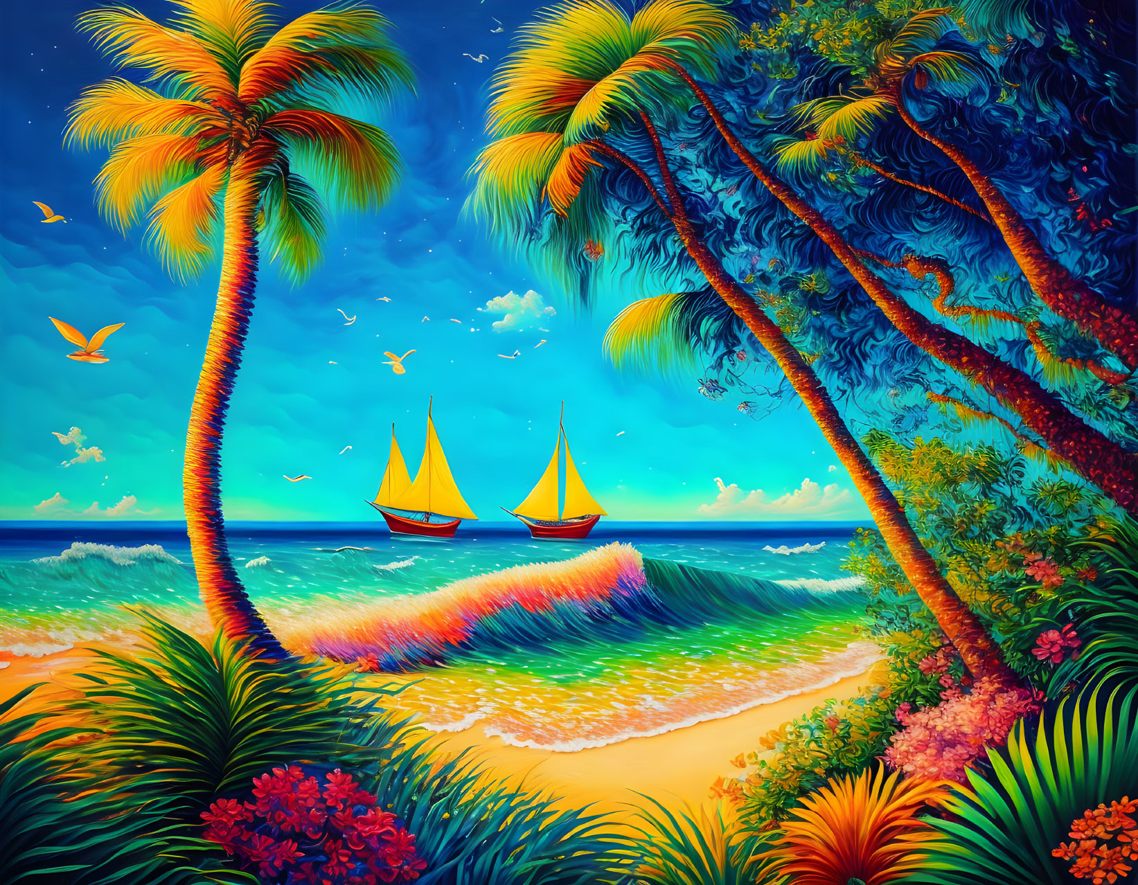 Tropical beach scene with palm trees, sailboats, and seagull