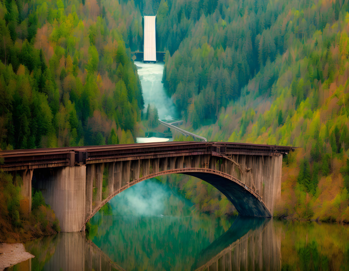 Tranquil landscape with concrete bridge over still river amid mist and autumn trees