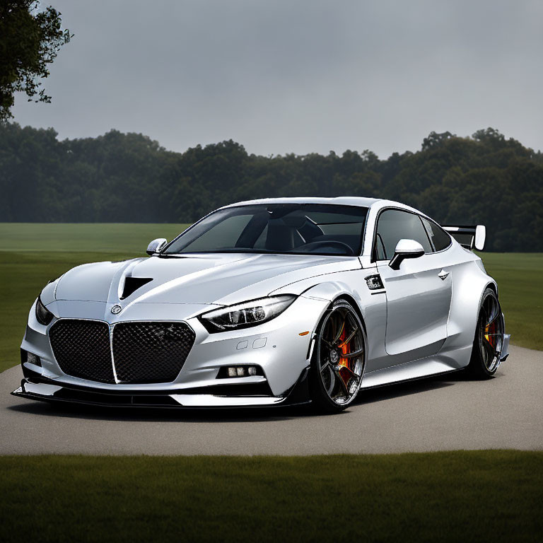 Sleek White Sports Coupe with Custom Rims and Prominent Front Grille