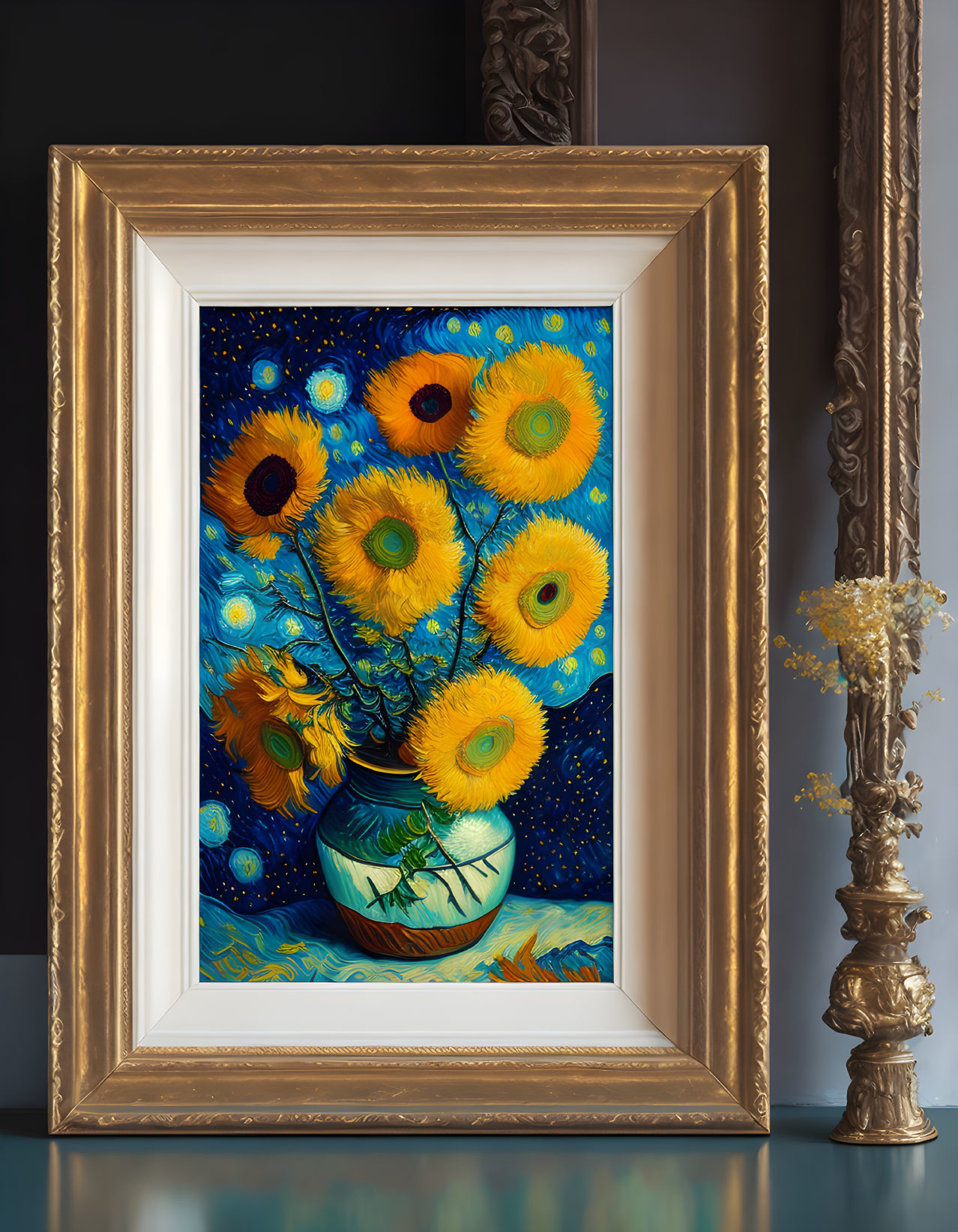 Colorful Sunflower Painting in Vase with Blue and Yellow Tones