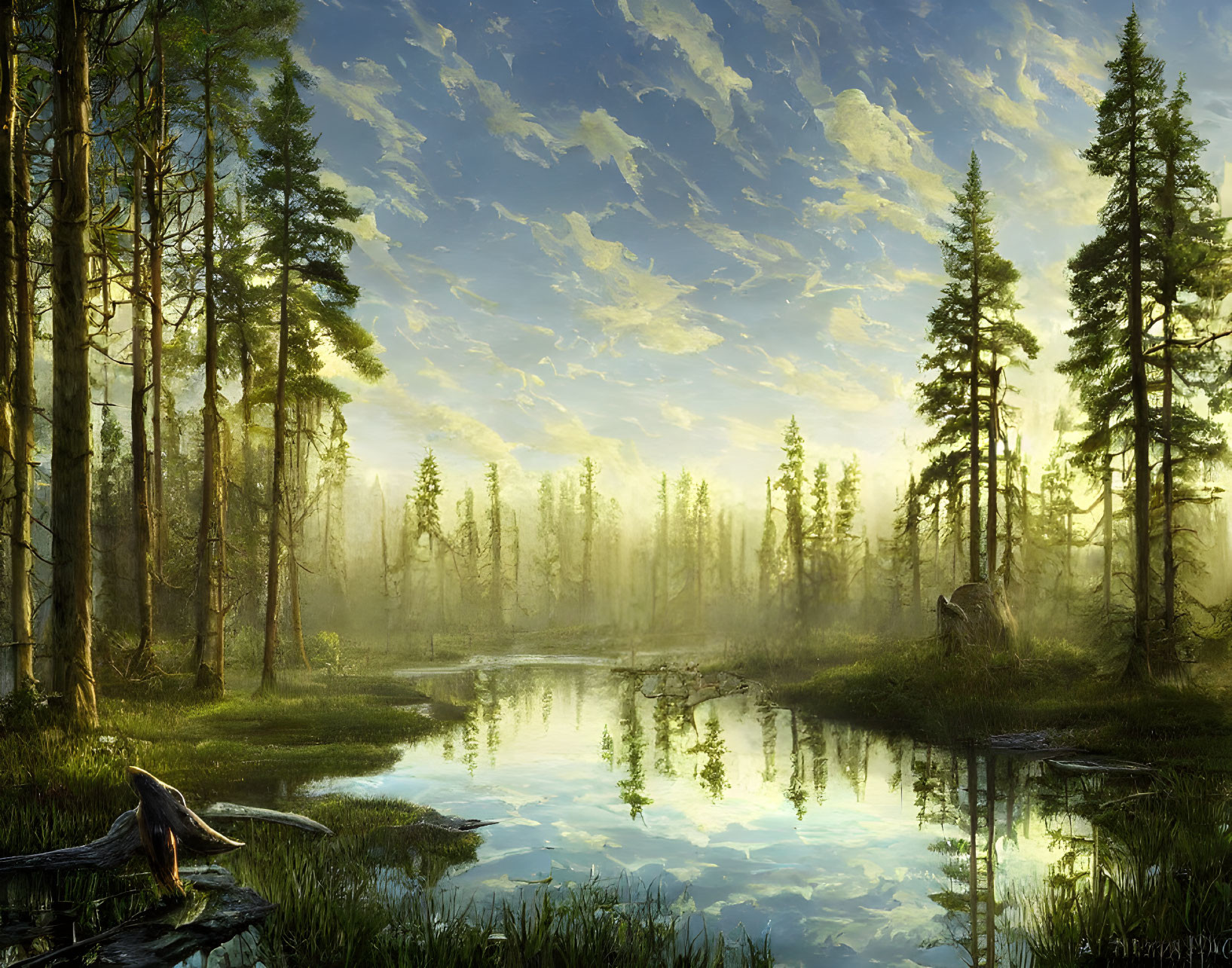 Tranquil forest landscape with tall trees, pond, sunlight, greenery, and bird