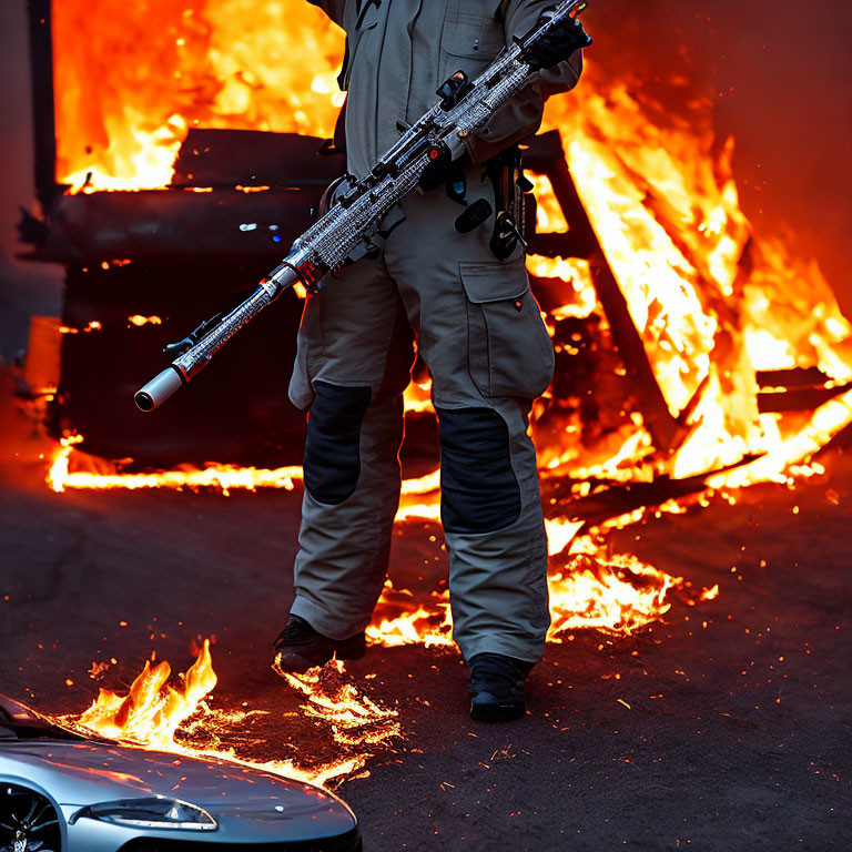 Individual in Tactical Gear with Weapon in Front of Burning Vehicle