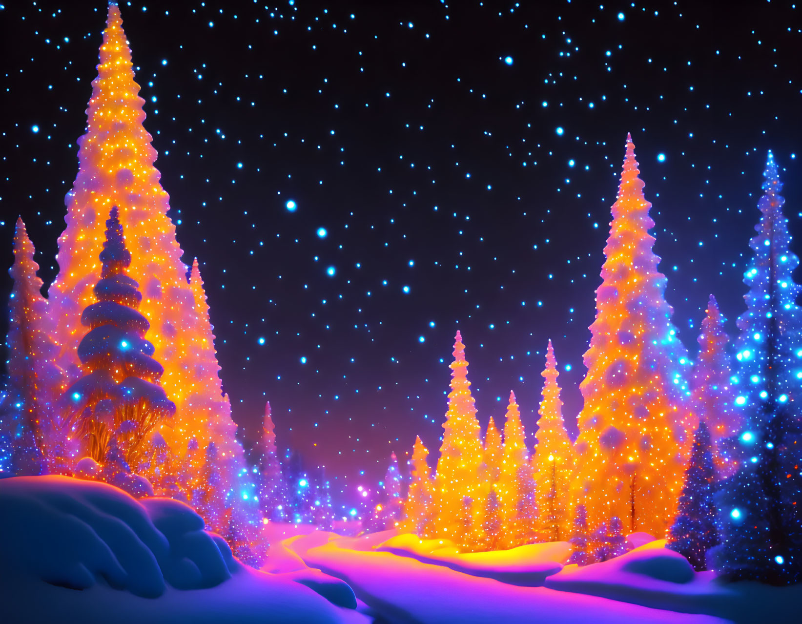 Winter Night Scene with Glowing Lights on Snow-Covered Trees