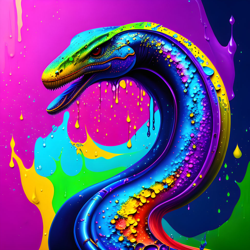 Colorful Serpent Digital Art with Blue Scales and Paint Drips