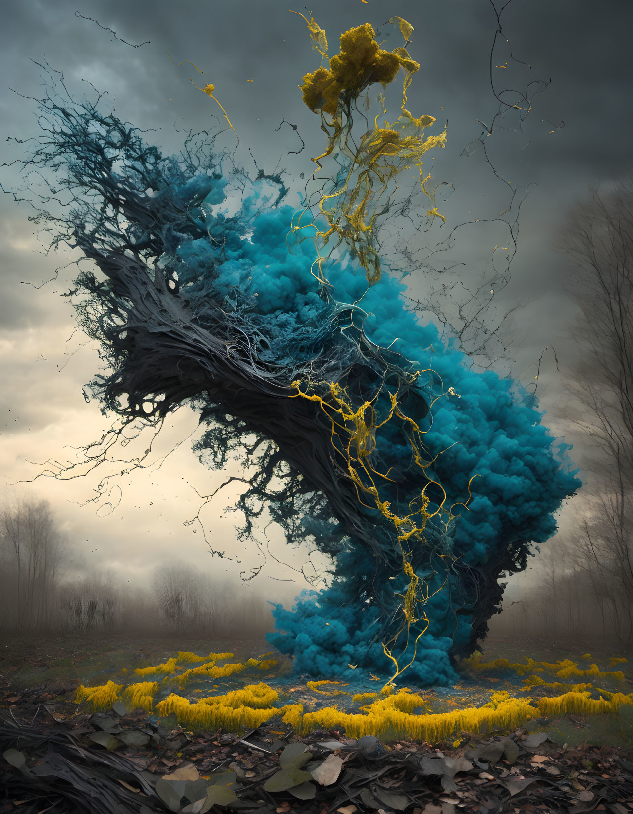 Surreal tree with blue foliage and yellow lightning veins in moody sky