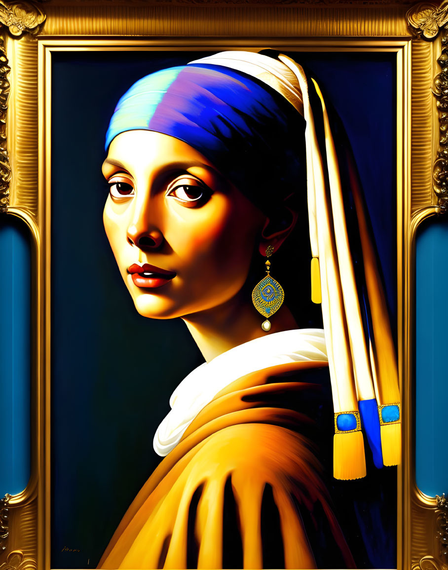 Digital artwork: "Girl with a Pearl Earring" in blue headband and large earring,