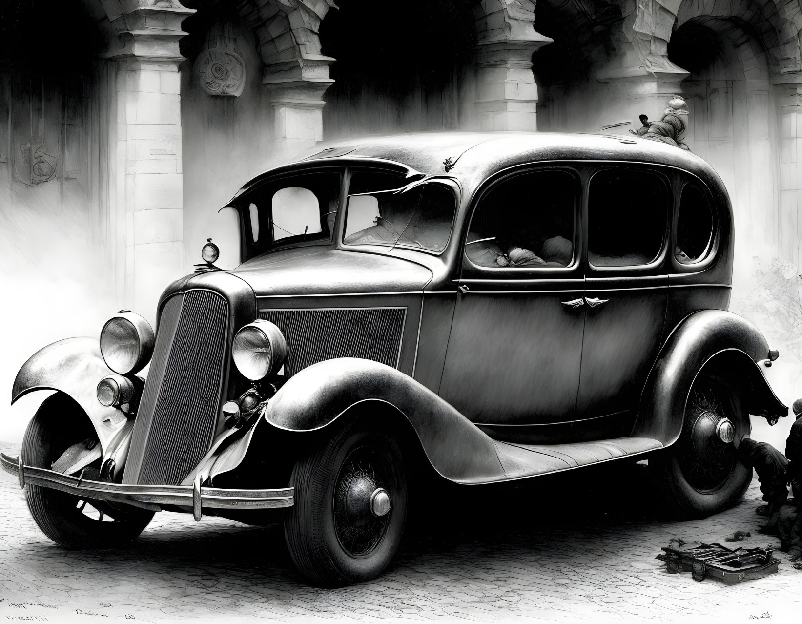 Monochrome photo of classic car by arched building with scattered tools