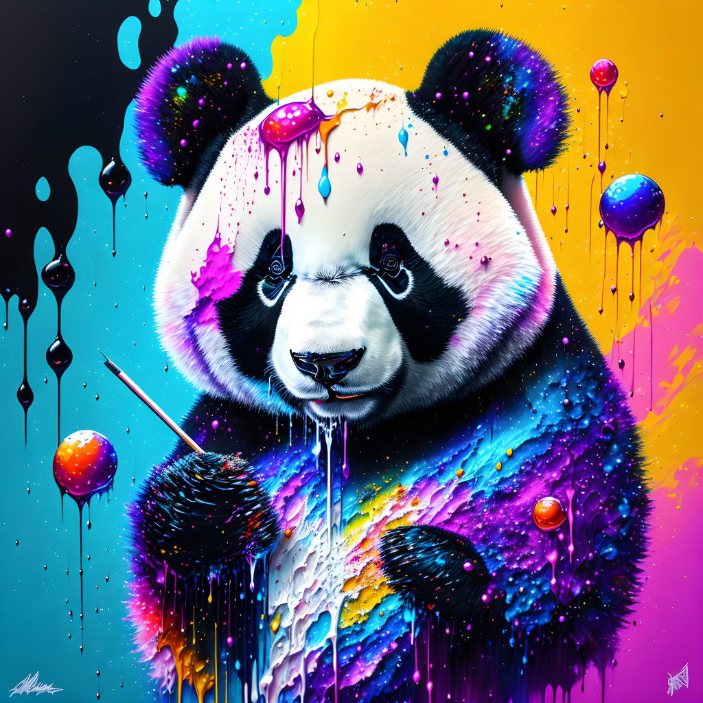 Colorful Panda Artwork with Dripping Paint in Blue, Purple, Yellow, and Pink