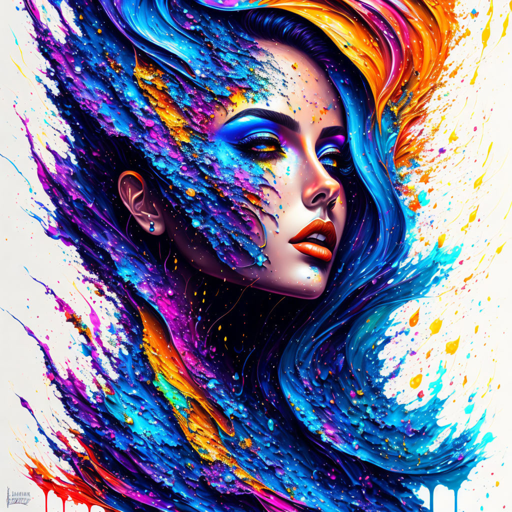 Colorful Abstract Digital Artwork of Woman's Profile with Blue, Orange, and Purple Swirls