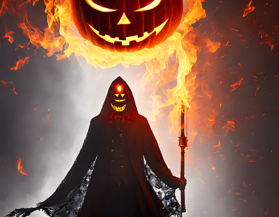 Sinister figure with torch and glowing pumpkin in dark setting