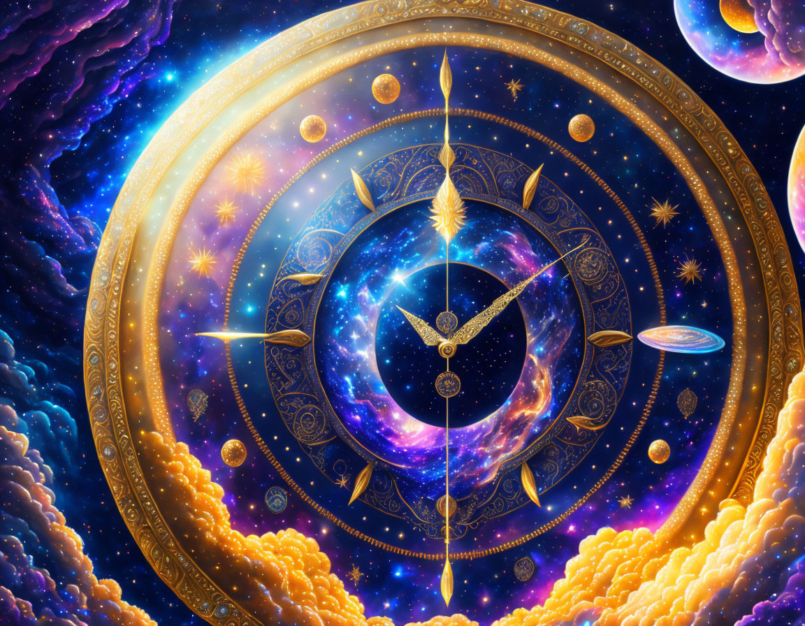 Colorful cosmic illustration: ornate astrological clock with zodiac symbols, galaxies, stars, planets