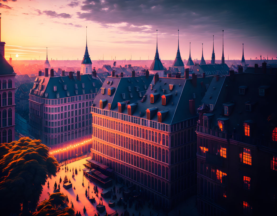 Historic European cityscape at sunset with traditional buildings and spires