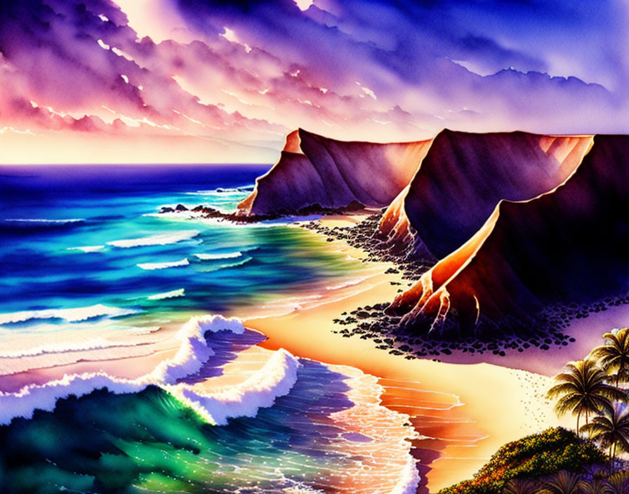 Scenic coastal landscape painting with cliffs, ocean waves, colorful sky, and palm trees