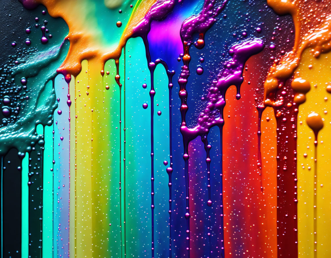 Multicolored paint drips with water beads on slick surface