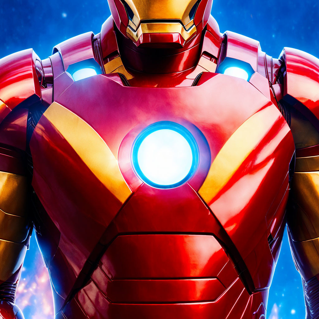 Detailed Close-Up of Iron Man in Red and Gold Armor with Glowing Arc Reactor