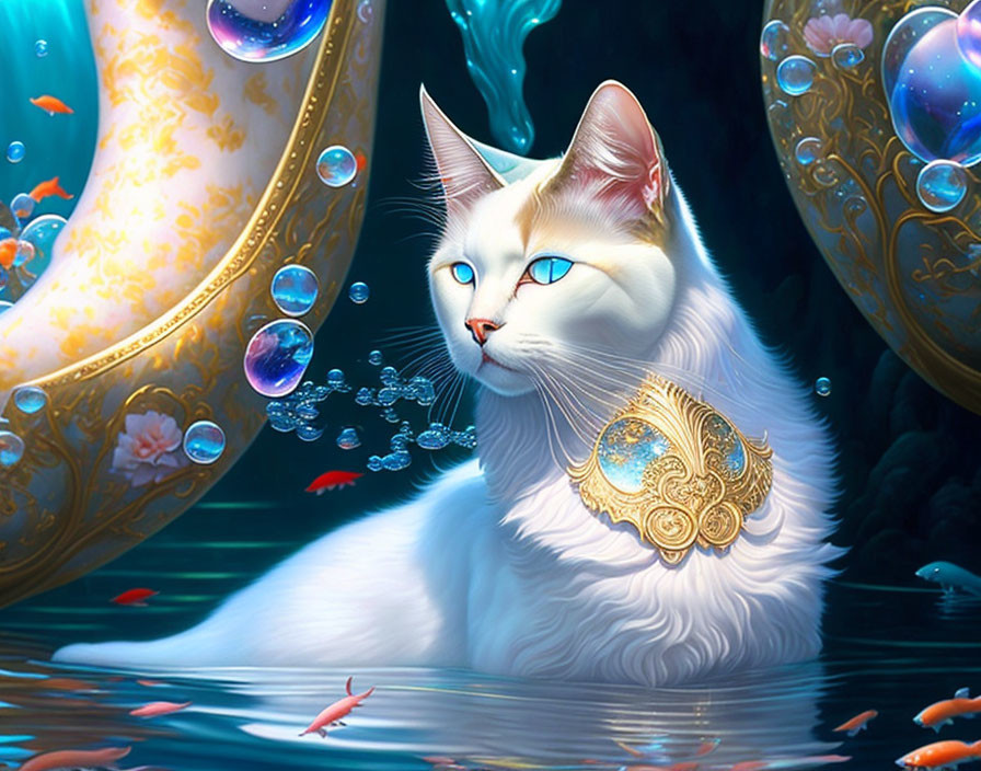 White Cat with Blue Eyes in Underwater Scene with Fish and Bubbles